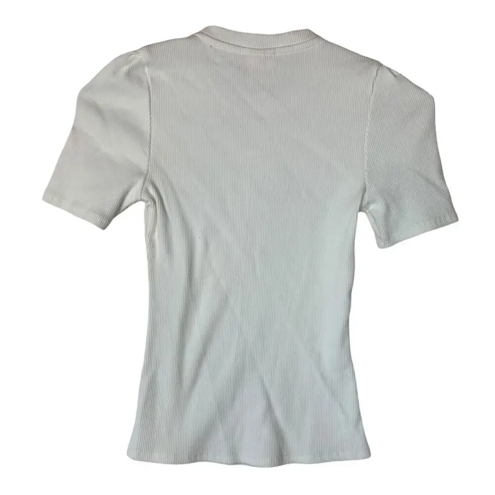 Cinq a Sept womens small white ribbed shirt short sleeve puff mini casual tee